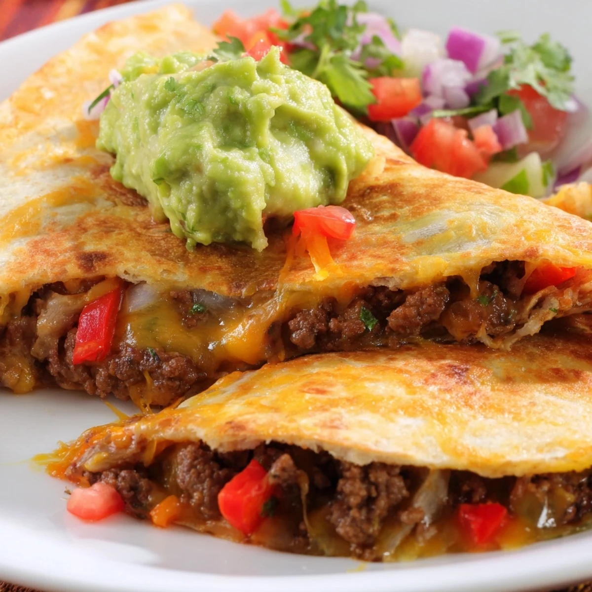 Melted cheese oozing from Beef Quesadillas with Salsa and Guacamole, garnished with cilantro