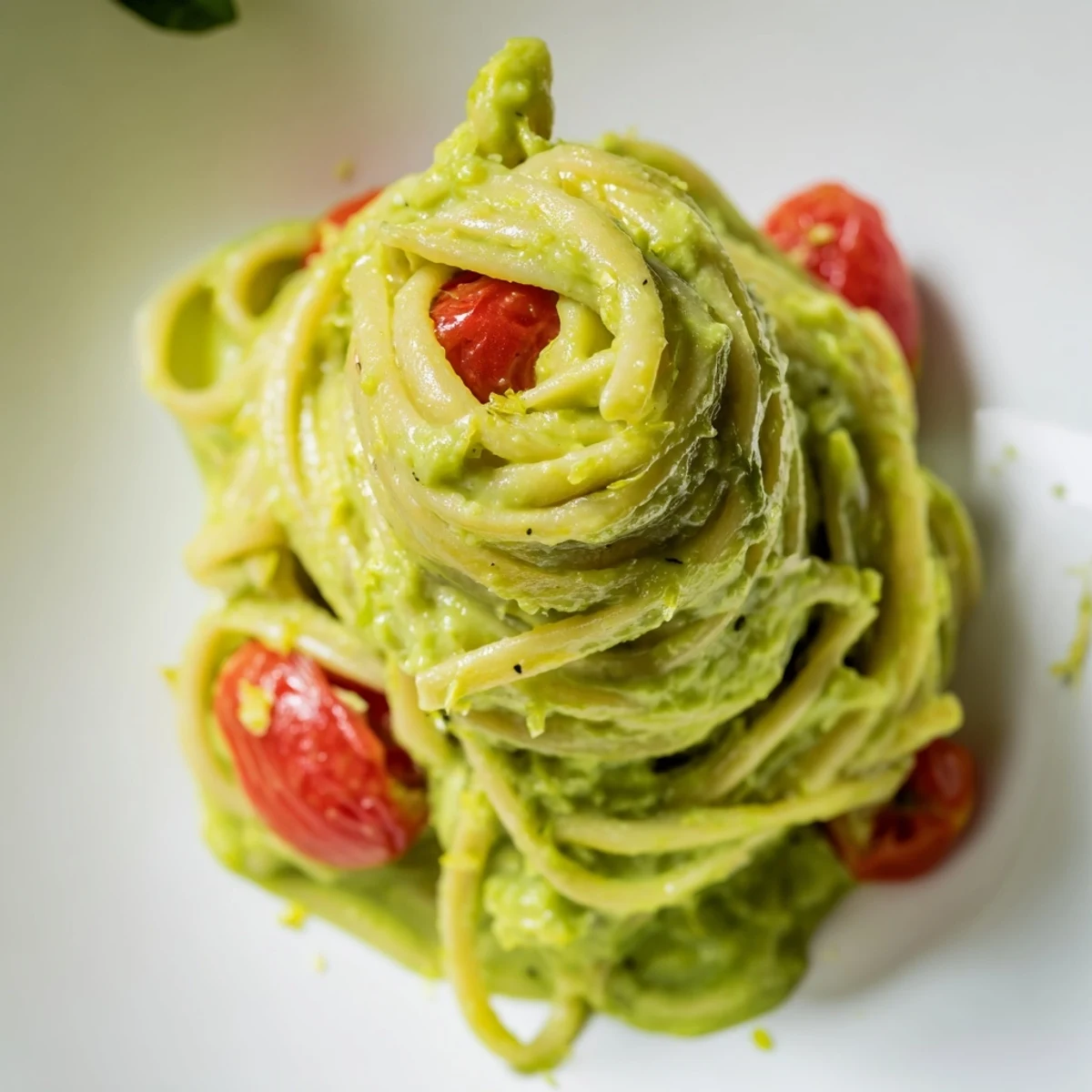 Cremige Avocado Limonen Pasta mit Cherrytomaten auf einem Teller, garniert mit frischem Basilikum und Parmesan.