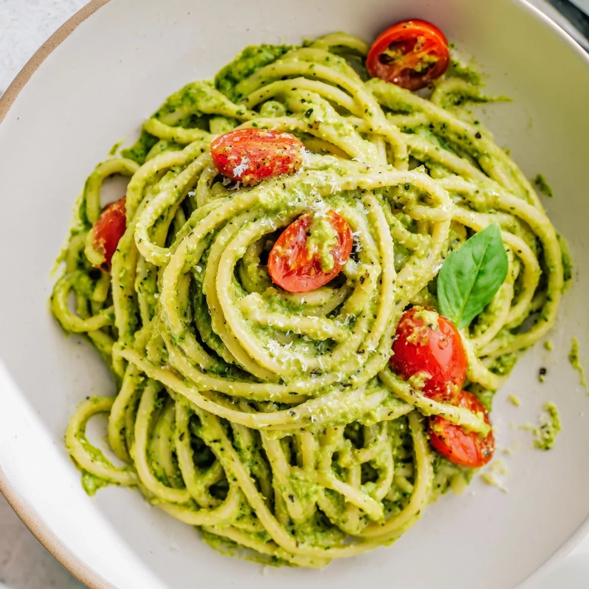 Eine Schüssel cremige Avocado Limonen Pasta mit Cherrytomaten und einem Hauch von Limettenschale.