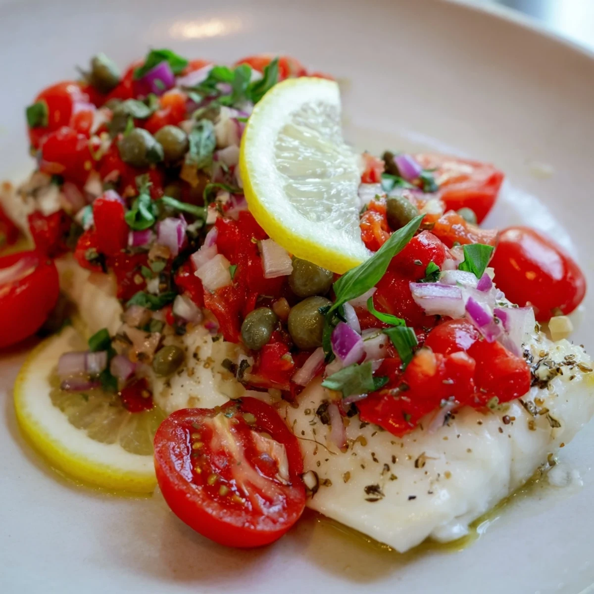 Saftiger Baked Halibut mit Tomaten-Basilikum-Relish und Zitronenscheiben auf Olivenöl