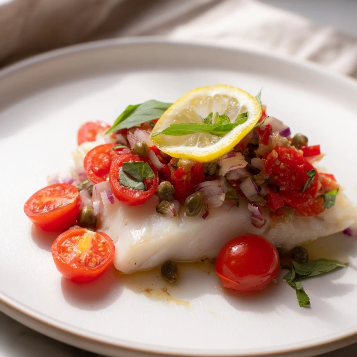 Gebackener Baked Halibut mit einer Relish aus Tomaten, Basilikum und Kapern serviert auf Holz