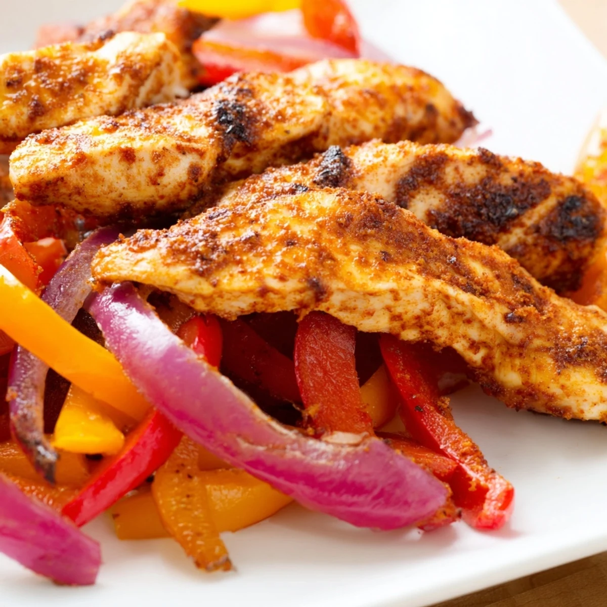 Frisch aus dem Ofen: Gepfefferte Sheet Pan Chicken Fajitas mit onions and peppers, serviert mit Tortillas.