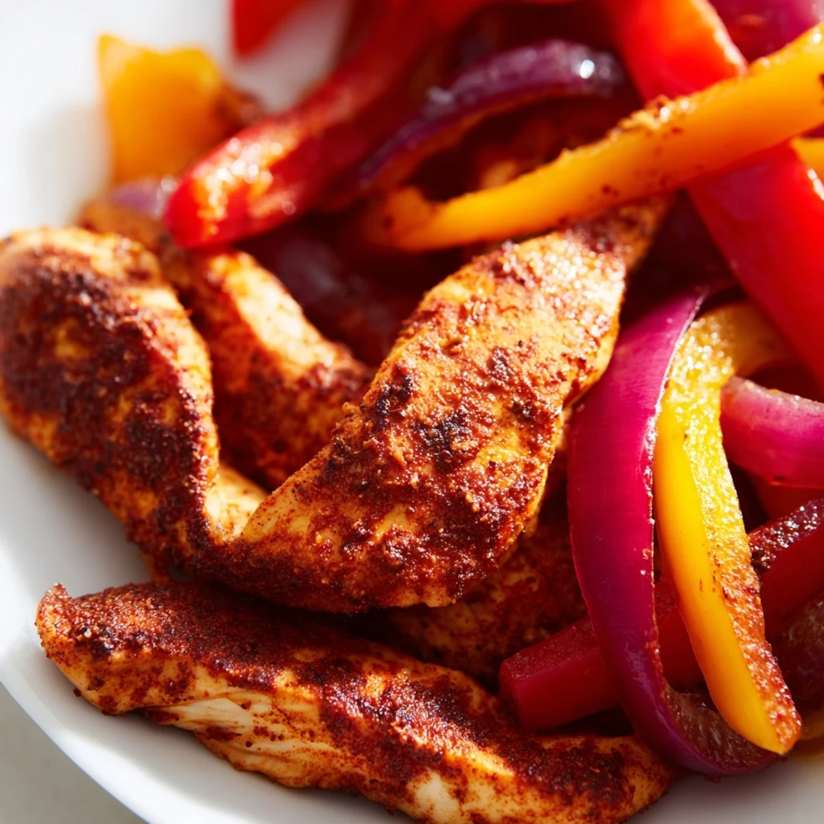 Köstliche Sheet Pan Chicken Fajitas mit Onions and Peppers und saftigen Hähnchenstreifen auf einem Ofenblech.