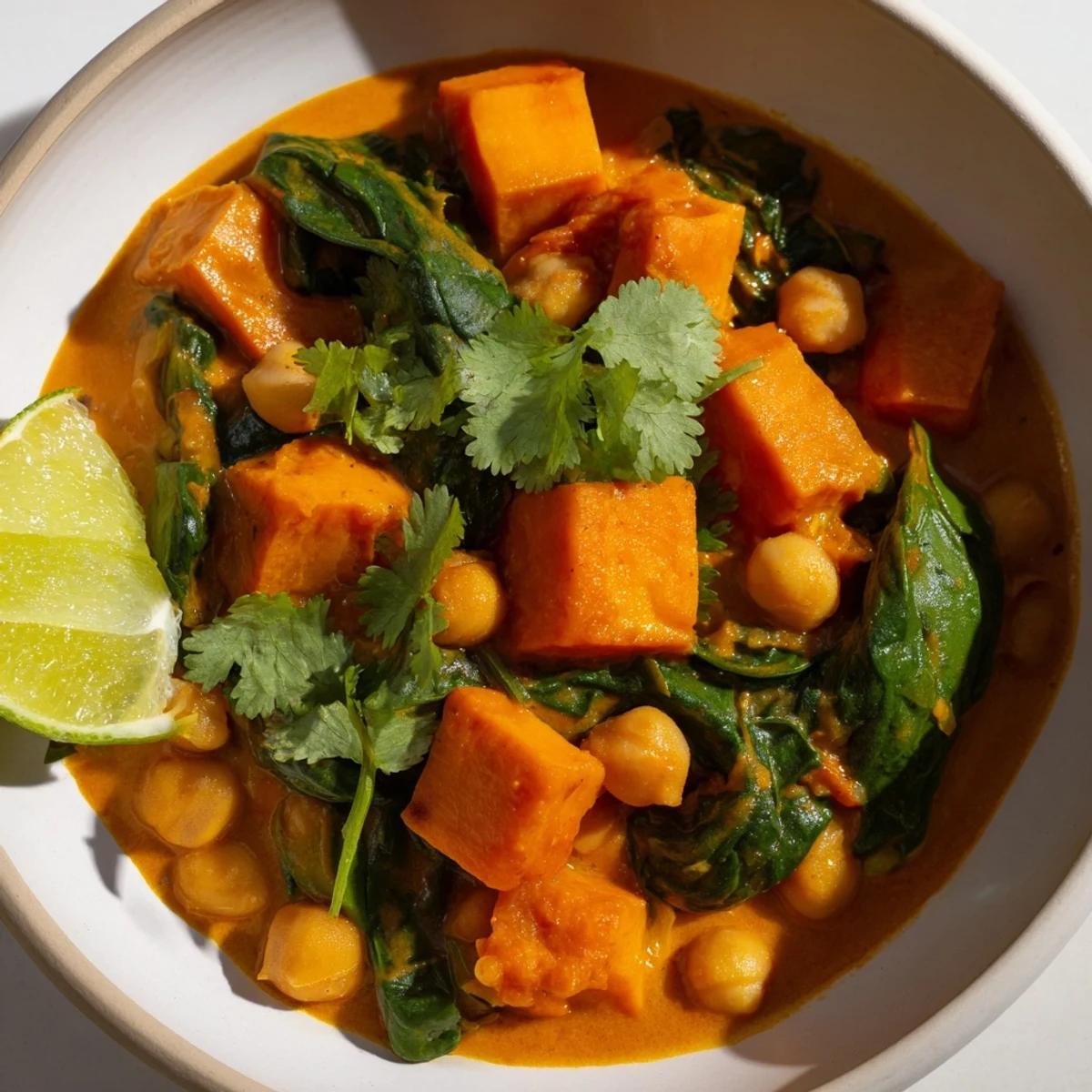 Vegan Sweet Potato Curry with Spinach and Chickpeas simmering in a creamy coconut tomato sauce, garnished with fresh cilantro.