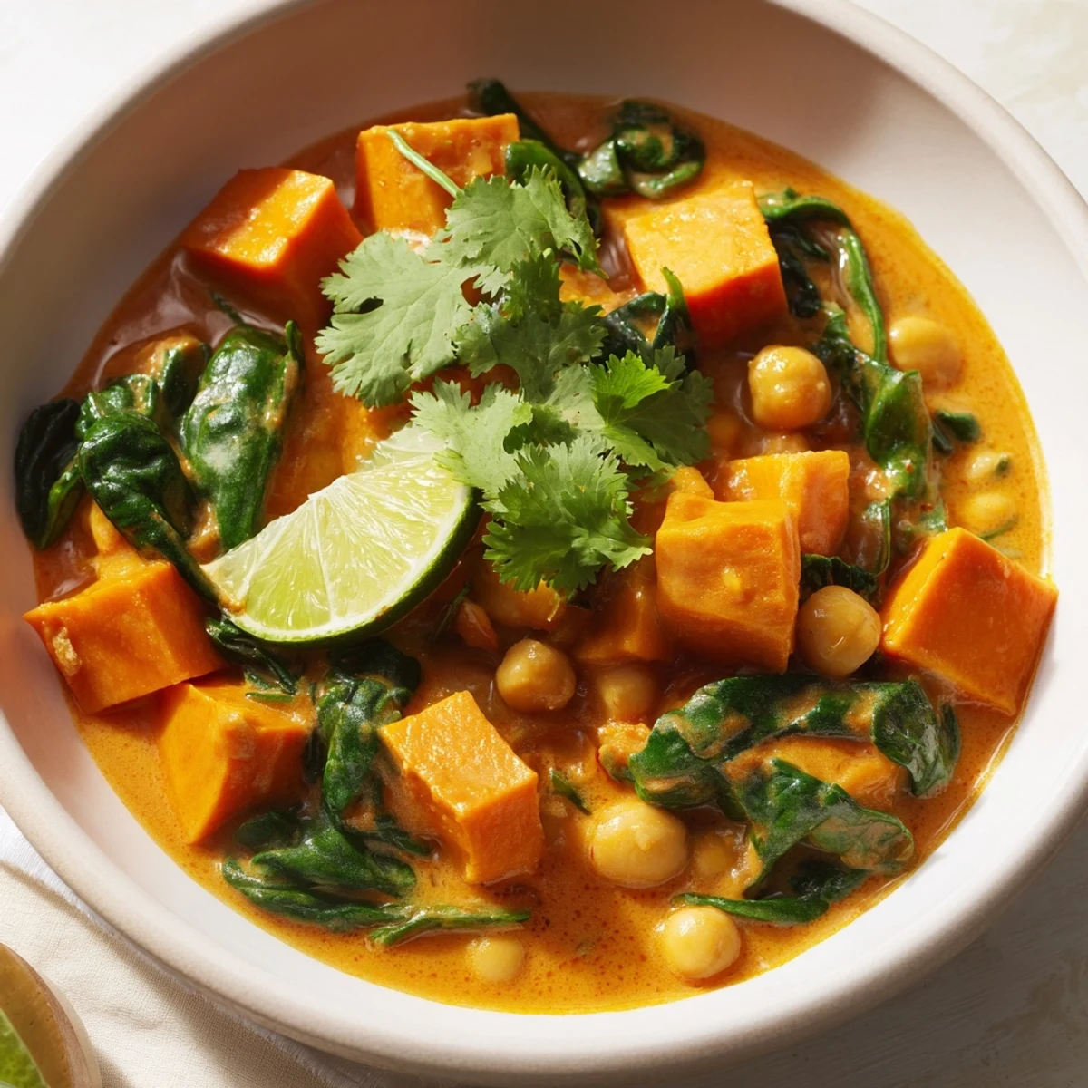 Vegan Sweet Potato Curry with Spinach and Chickpeas in a rustic pot, highlighting tender sweet potatoes and wilted spinach leaves.