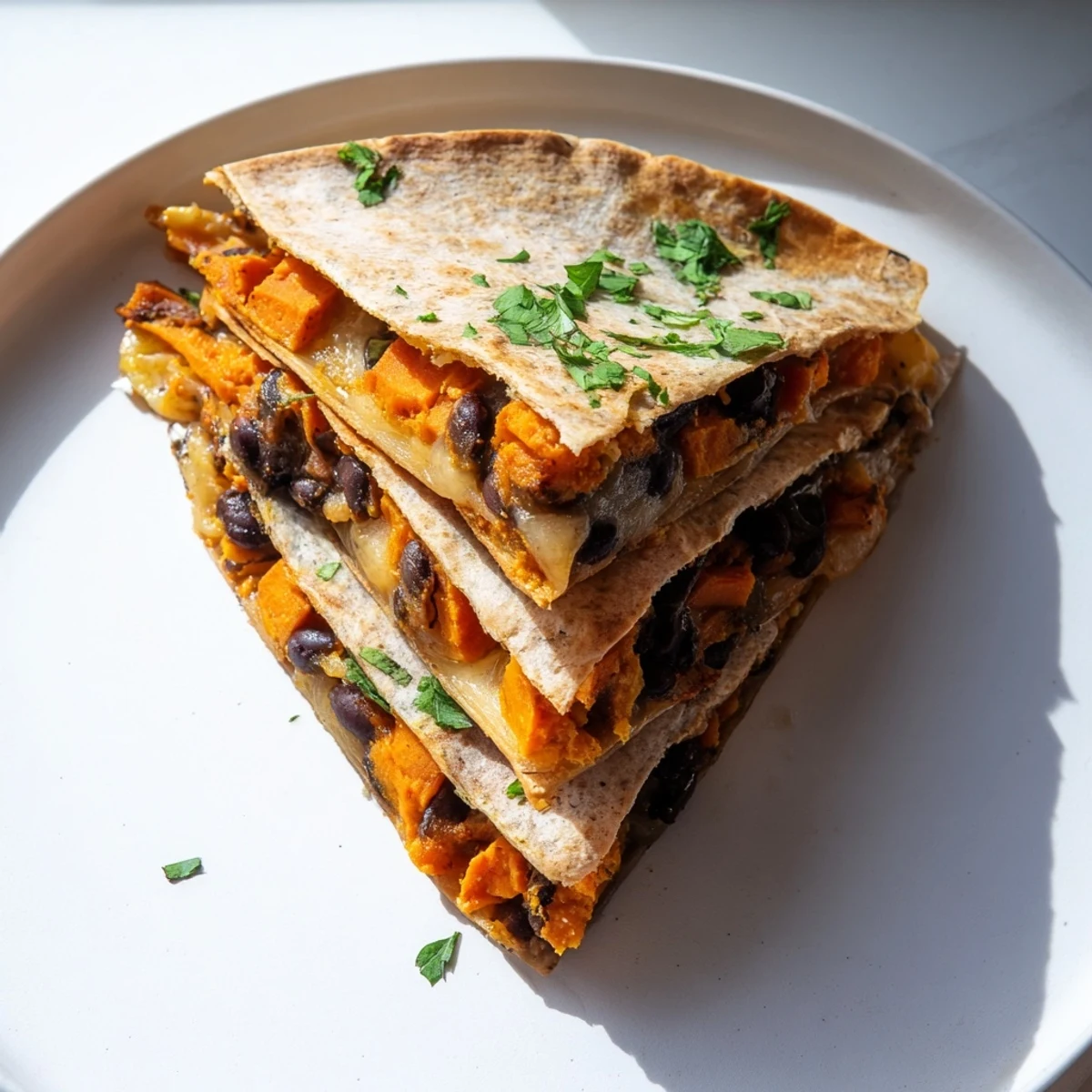 Frisch gebackene Röstkartoffel- und schwarze-Bohnen-Quesadillas mit geschmolzenem Käse und Koriander garniert.