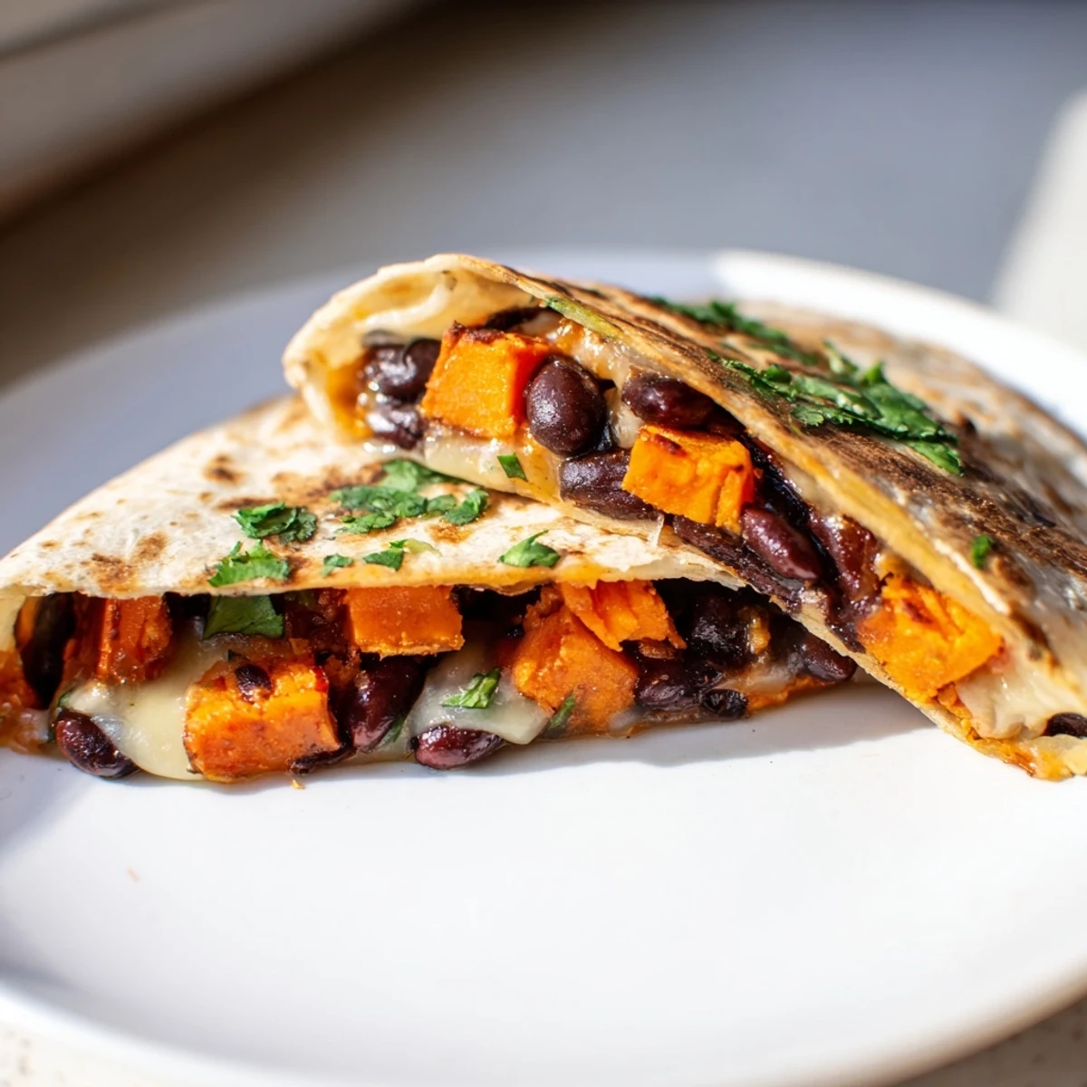 Goldbraune Röstkartoffel- und schwarze-Bohnen-Quesadillas mit salsa und Guacamole auf dem Teller.