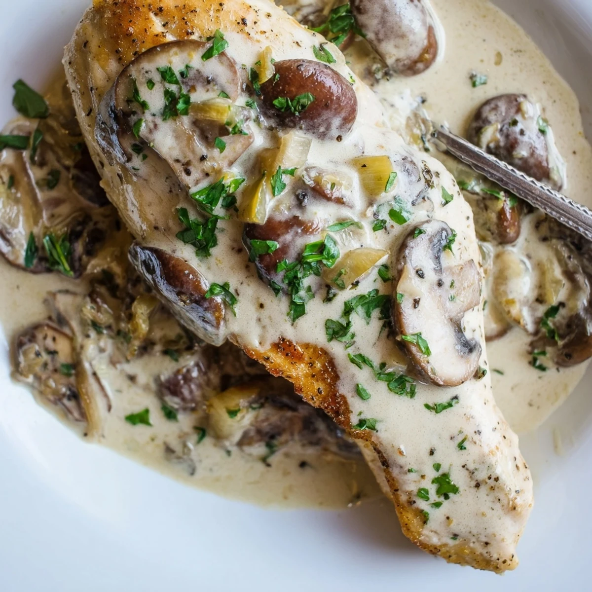 Goldene Hähnchenbrustfilets in cremiger Knoblauch-Pilz-Sauce, heiß in der Pfanne angerichtet.
