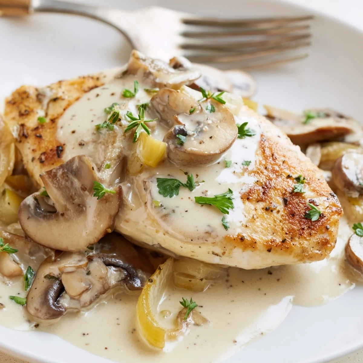 Saftige Hähnchenbrust in reichhaltiger Pilz-Knoblauch-Sauce, perfekt mit Reis oder Brot serviert.