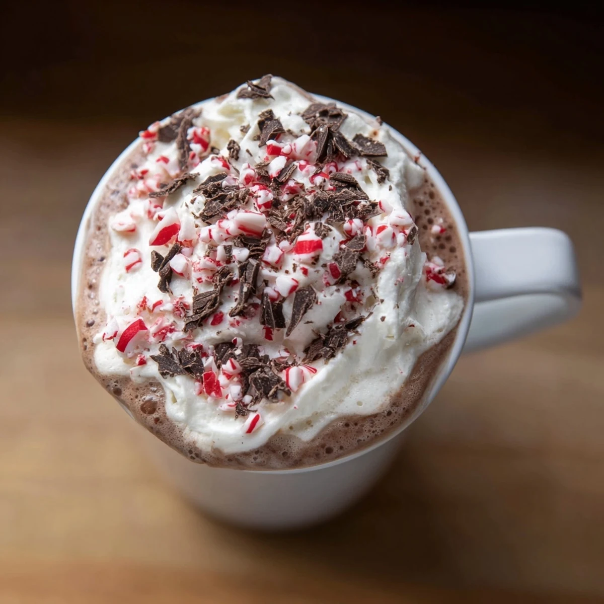 Peppermint Mocha Hot Chocolate mit geschlagener Sahne und zerknülltem Minz-Konfetti auf einer dunklen Tasse
