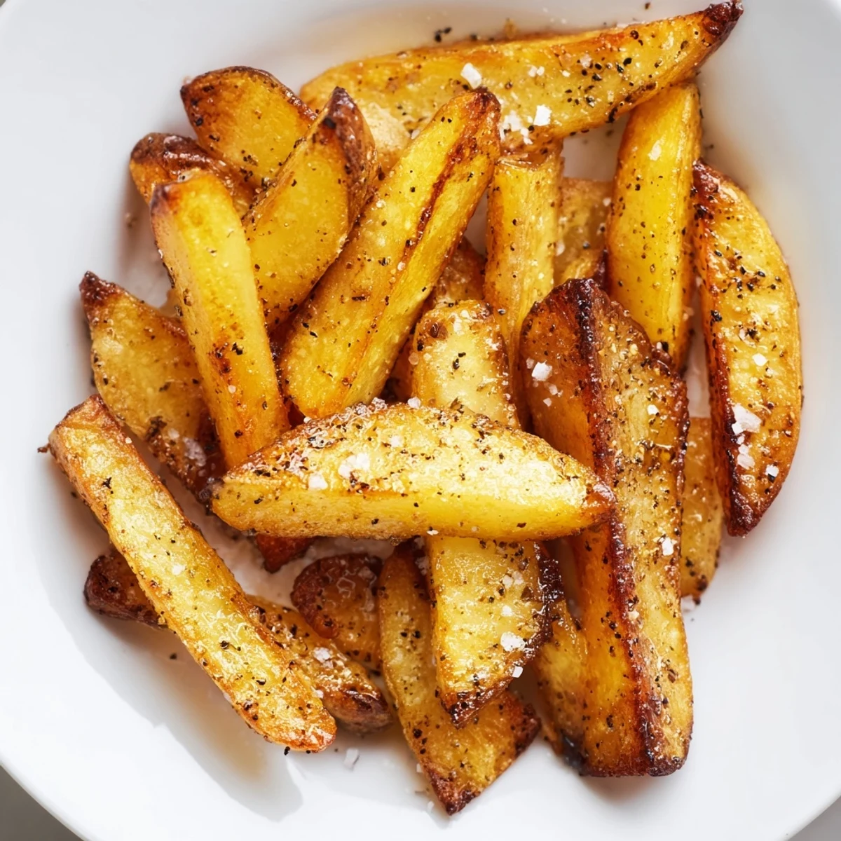 Crispy Oven Baked Fries with Sea Salt served in a paper tray, golden and perfectly crunchy alongside a cheeseburger.