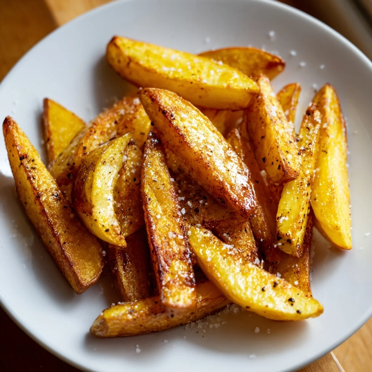 Pile of golden Crispy Oven Baked Fries with Sea Salt ready to be dipped in creamy garlic aioli.