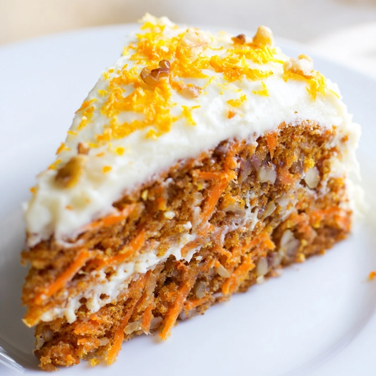 Frisch gebackener Spiced Carrot Cake mit glänzender Orange Frosting, in Scheiben geschnitten und für den Teetisch angerichtet.