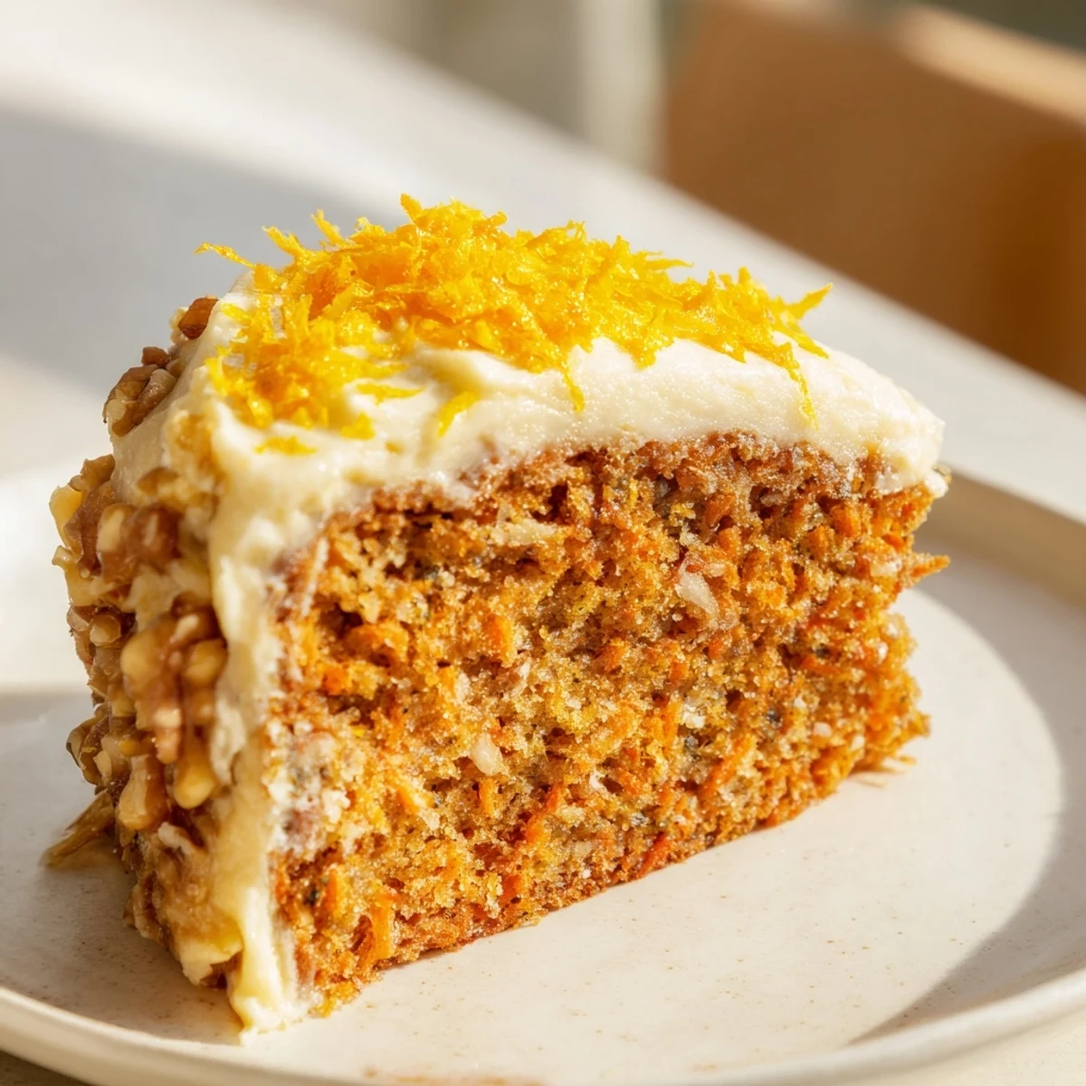 Geschichteter Spiced Carrot Cake mit cremiger Orange-Zesten-Frosting und gehackten Walnüssen auf einem Holzteller.