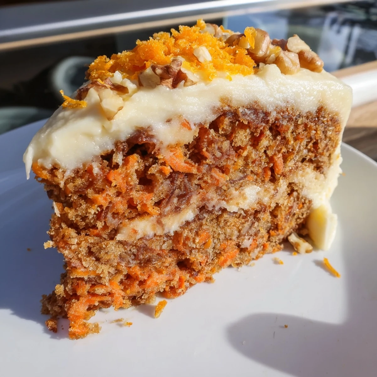 Nahaufnahme von feuchtem Spiced Carrot Cake, verziert mit orangen Fruchtfleischflocken und gehobeltem Zucker für den Desserttisch.