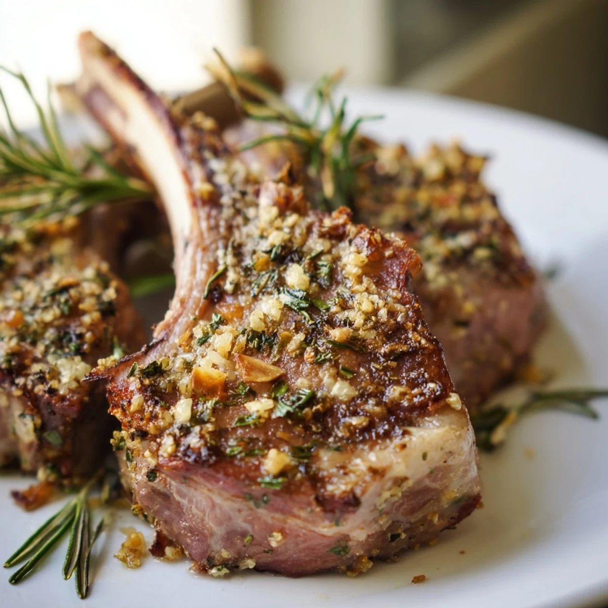 Genially herb roasted lamb chops on a rustic wooden serving platter with fresh rosemary sprigs and lemon wedges.