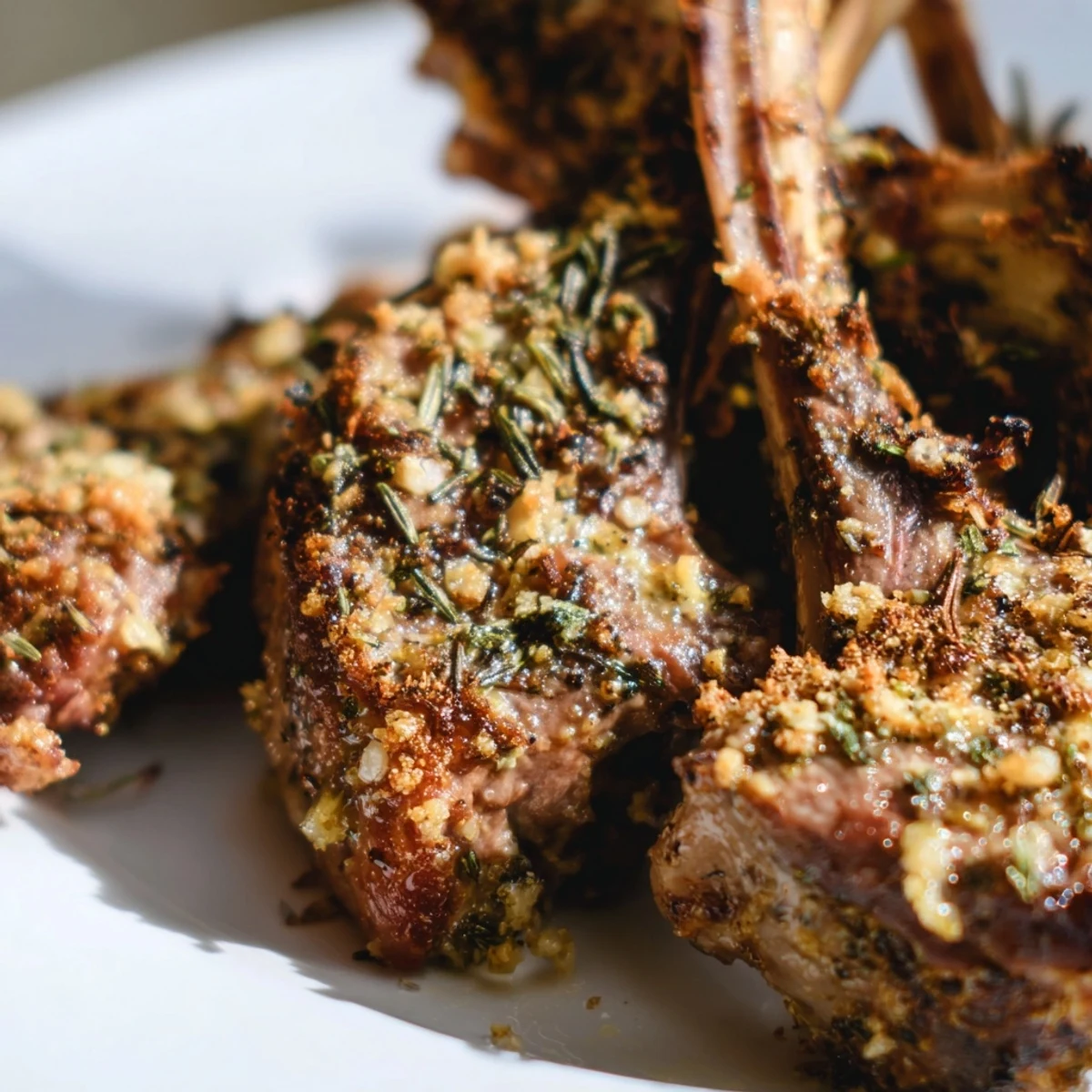 Close-up herb roasted lamb chops plated with roasted vegetables, offering a savory dinner suggestion for Mediterranean meals.