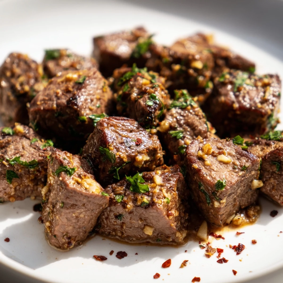 Garlic Butter Steak Cubes auf einem Teller, umgeben von Ofenkartoffeln und Kräutern, appetitlich angerichtet.