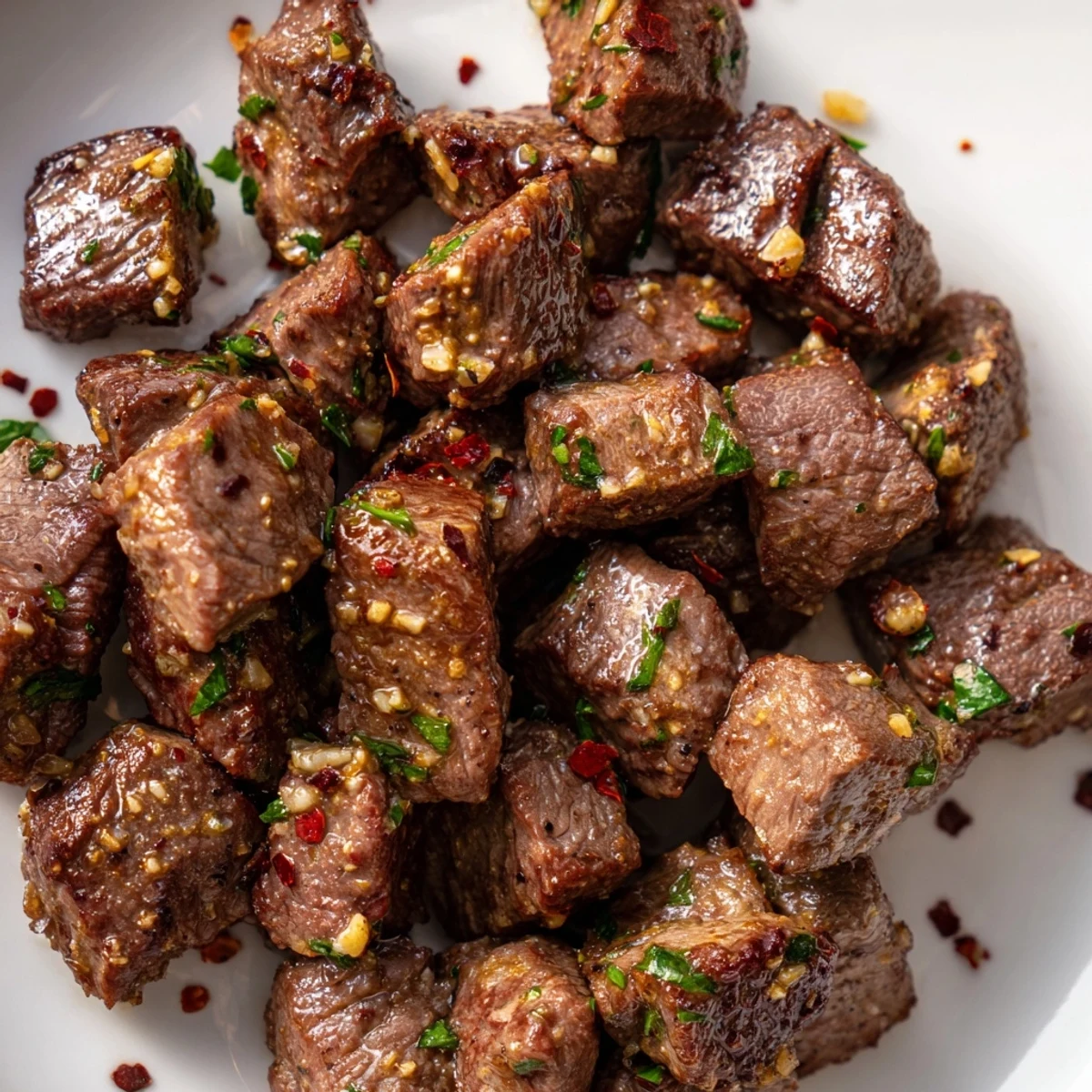Scharf angebratene Garlic Butter Steak Cubes mit knuspriger Kruste und duftender Knoblauchbutter glasiert.