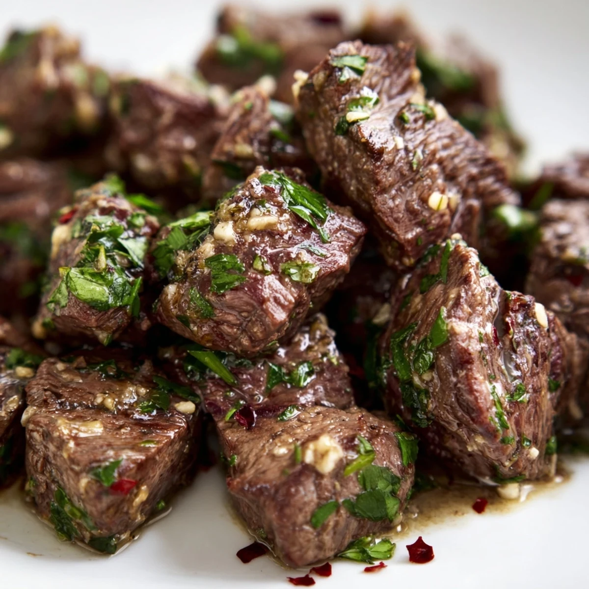 Saftige Garlic Butter Steak Cubes werden frisch aus der Pfanne genommen und mit Petersilie bestreut.