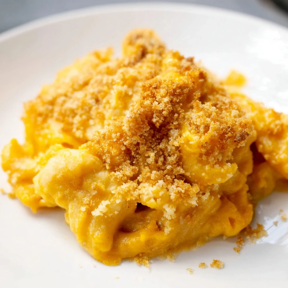 Butternut Squash Macaroni Cheese in cremiger Sauce mit geröstetem Kürbis und geriebenem Cheddar