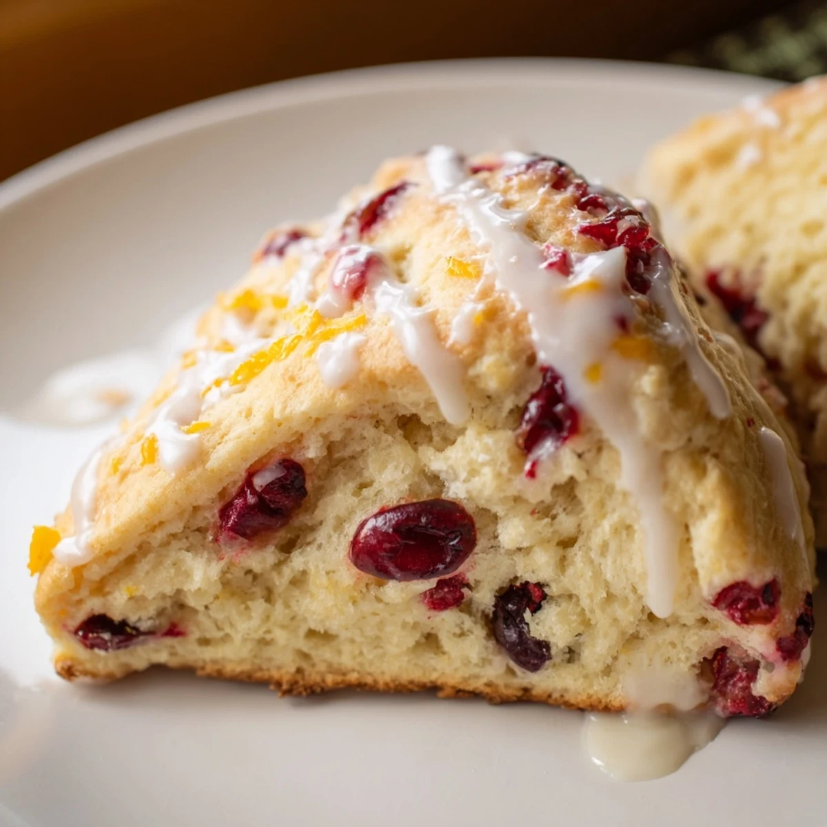 Frisch gebackene Cranberry and Orange Scones mit glasierter Oberseite auf Holzplatte gestapelt.