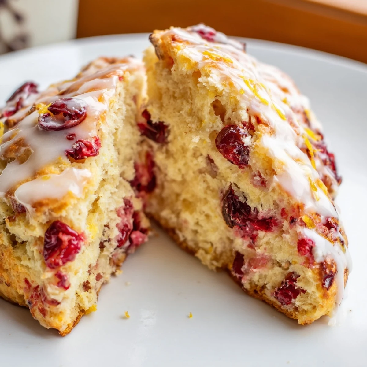 Cranberry and Orange Scones warm mit einer Tasse Tee und Orangenzesten serviert.