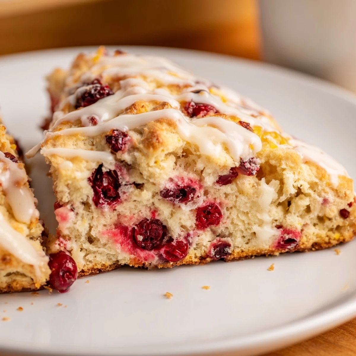 Goldbraune Cranberry and Orange Scones mit aufgeklappten Schichten und frischen Cranberries.