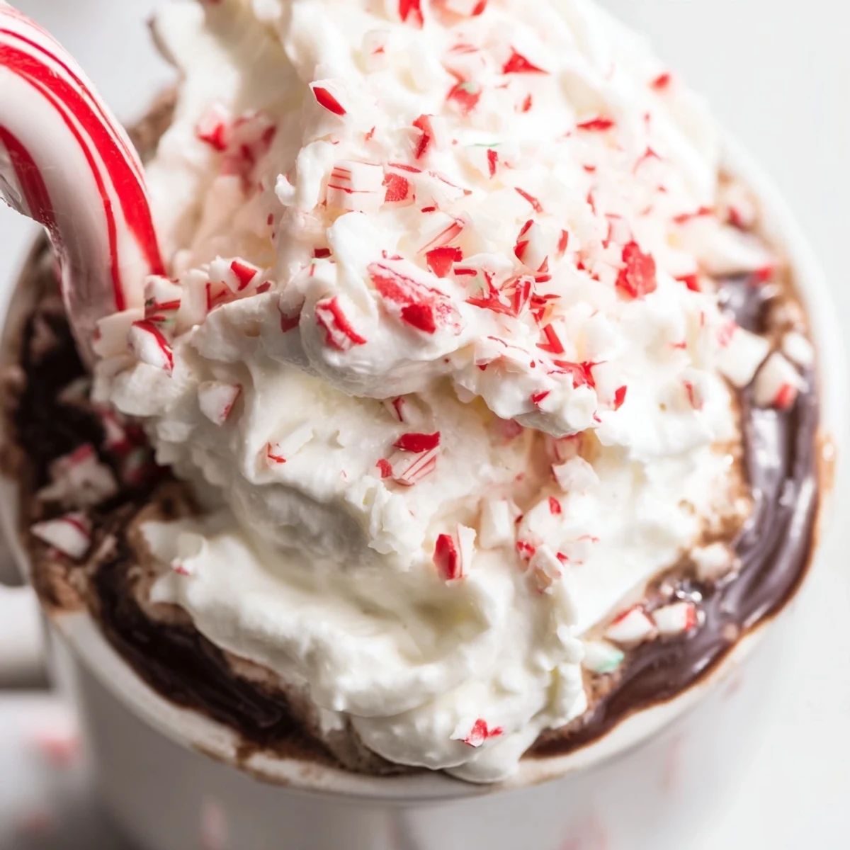Dampfende Peppermint Stick Hot Cocoa mit geschmolzenen Schokoladenstückchen und einem peppermint Stab.