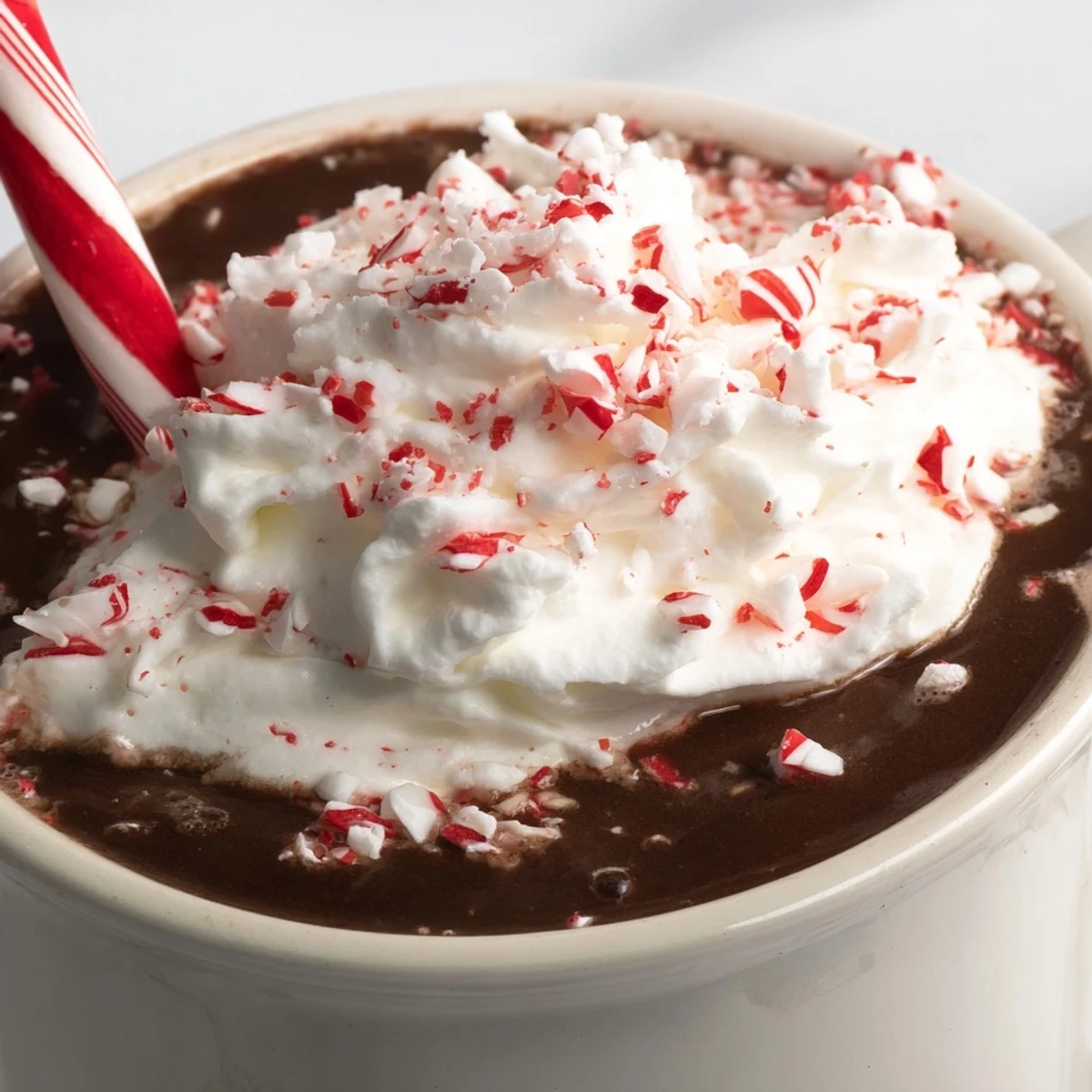 Warme Peppermint Stick Hot Cocoa serviert mit Sahnehäubchen und peppermint Stab für stöberfreundliche Rezepte.
