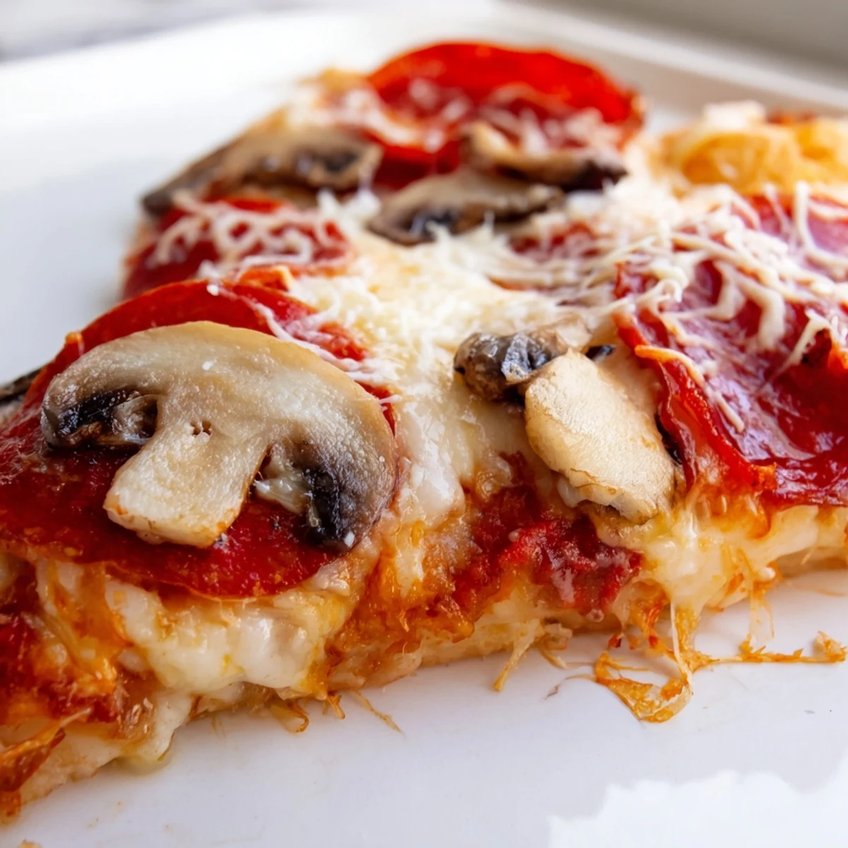 Frisch gebackene Crispy Crust Pizza mit Belägen nach Wahl auf Holzplatte.