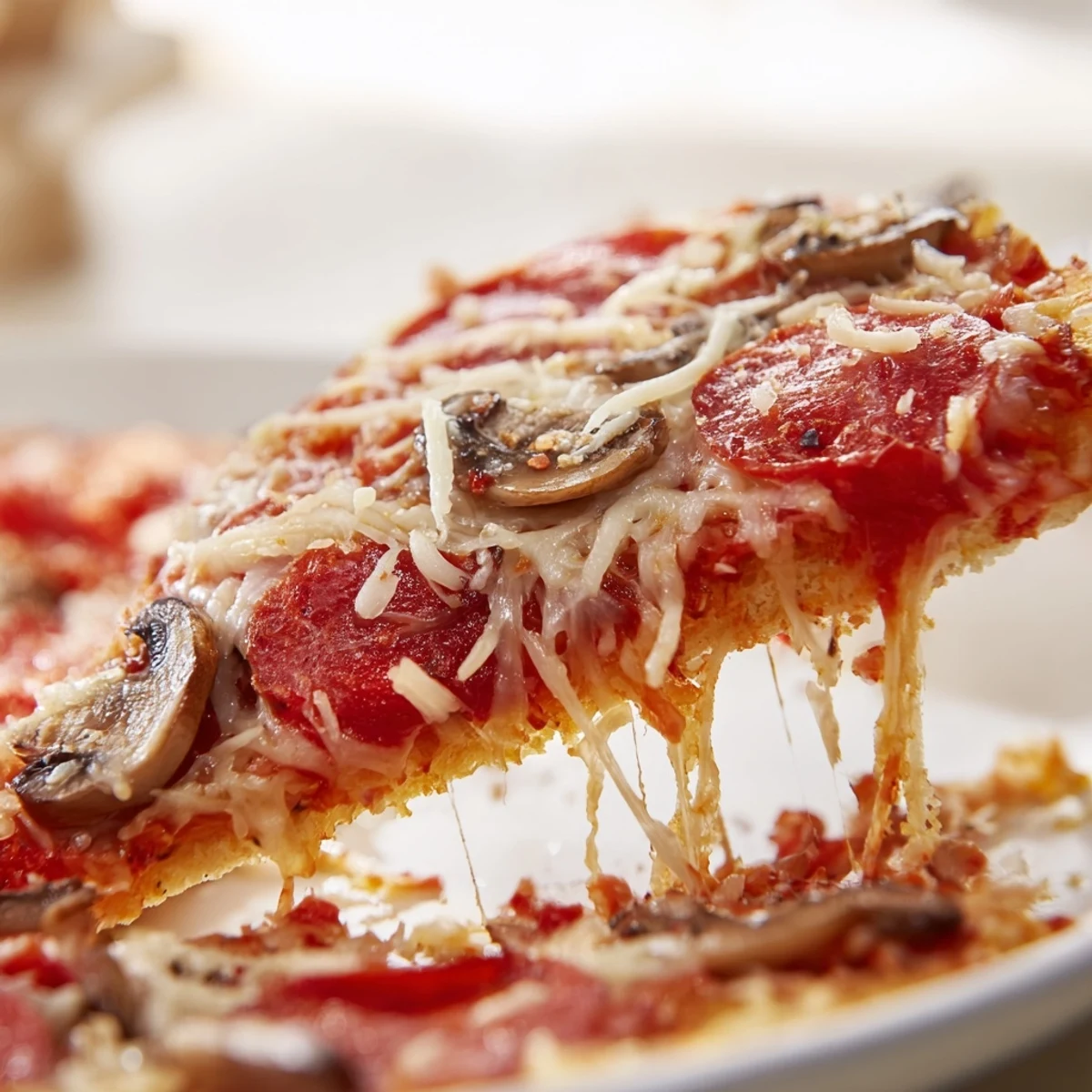 Saftige Crispy Crust Pizza mit blubberndem Käse und goldenem Boden aus dem Ofen.