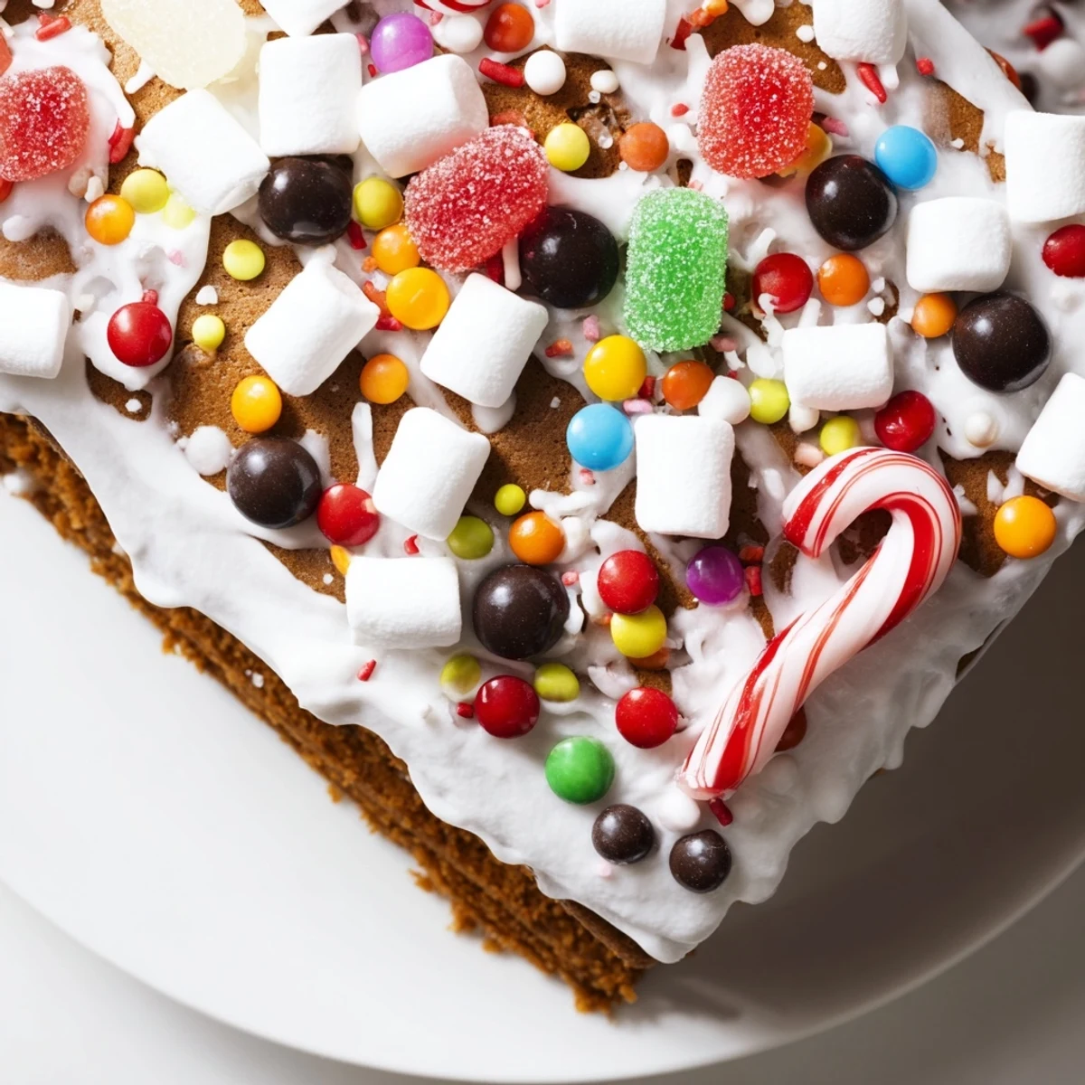 Festliches Gingerbread House with Candy mit glasierter Zuckergussverzierung und knallbunten Bonbons im Winterlicht.