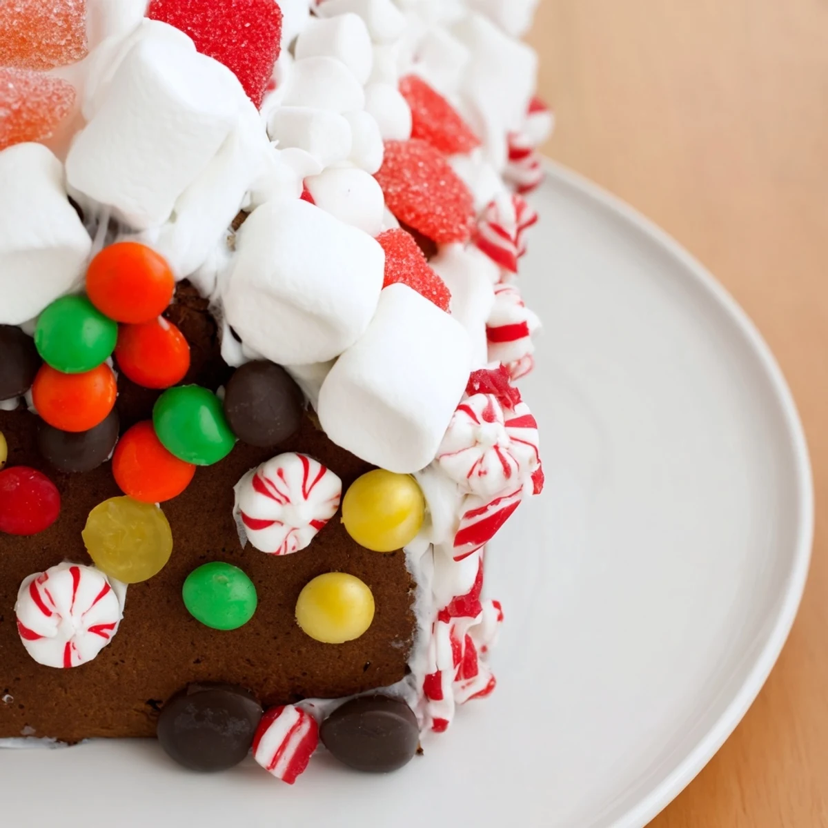 Raffiniertes Gingerbread House with Candy als Tisch-Mittelpunkt, umrandet von frischen Keksen und warmer Glühweintasse.