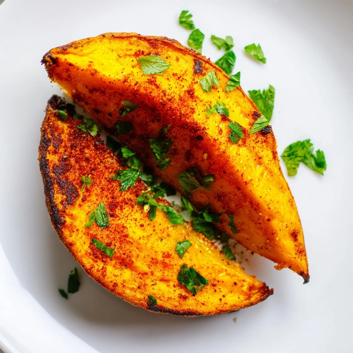 Roasted Sweet Potato Wedges with Paprika, frisch mit Petersilie und Zitrone serviert