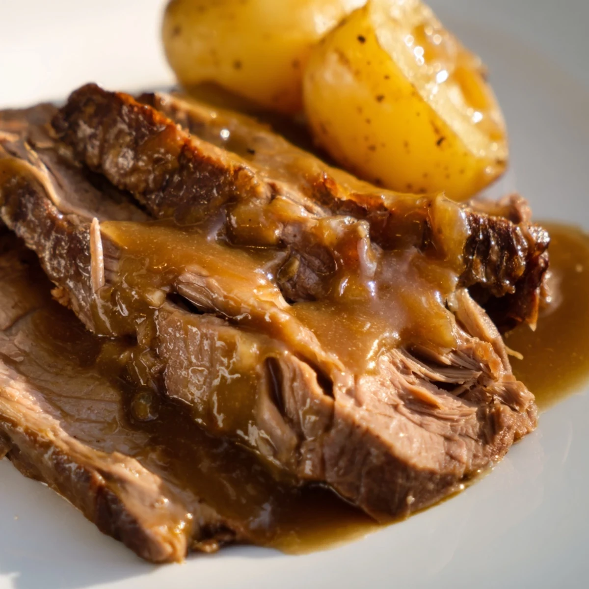 Slow Cooker Pot Roast with Gravy aus dem Schongarer mit zartem Rindfleisch und Wurzelgemüse im eigenen Saft.