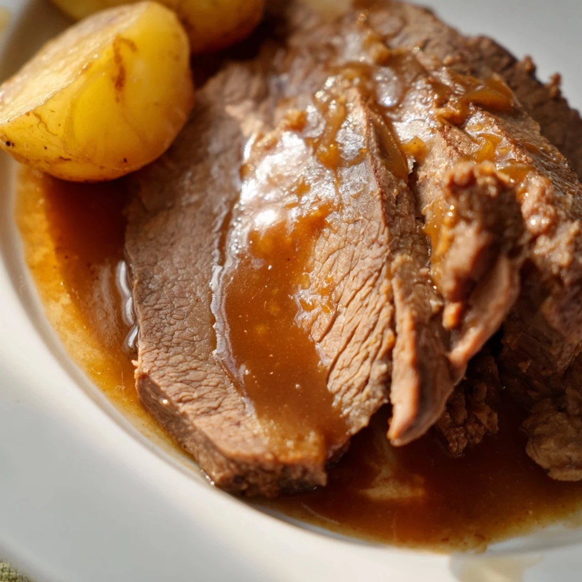 Köstliches Slow Cooker Pot Roast mit Gravy, serviert mit Kartoffeln und ausgeliehenen Tropfen auf dem Teller.
