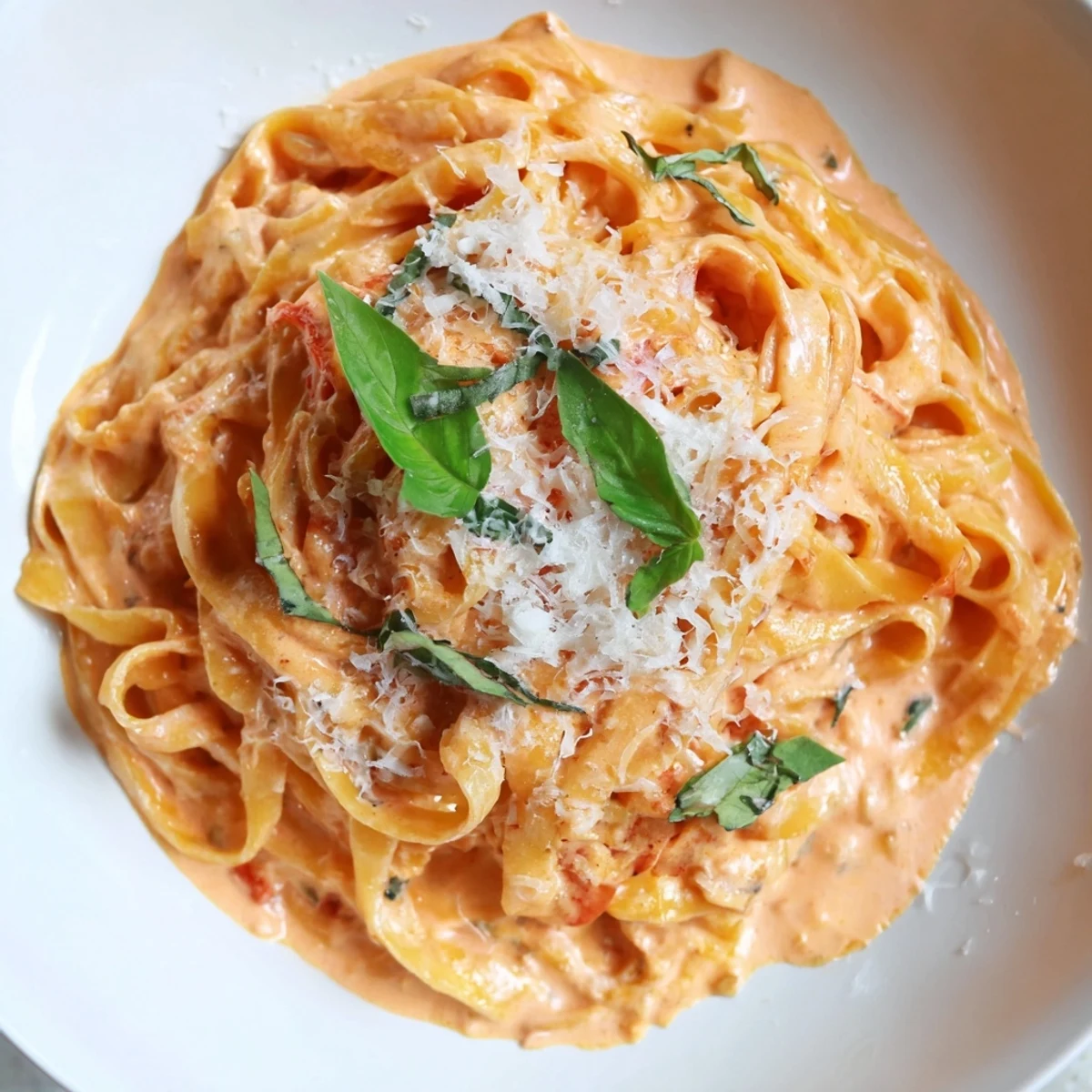 Cremige Tomaten-Pasta mit frischem Basilikum in einer reichhaltigen Sahnesauce, dampfend auf einem Holztisch serviert und mit frischen Kräutern garniert.