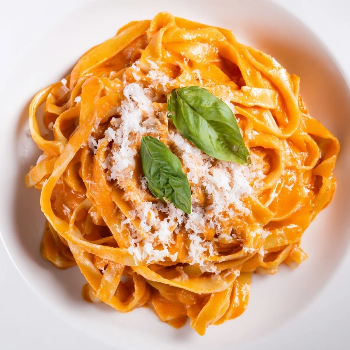 Cremige Tomaten-Pasta mit frischem Basilikum garniert mit einem Spritzer Olivenöl und würziger Parmesan, appetitlich für Vegetarier und Pasta-Liebhaber serviert.