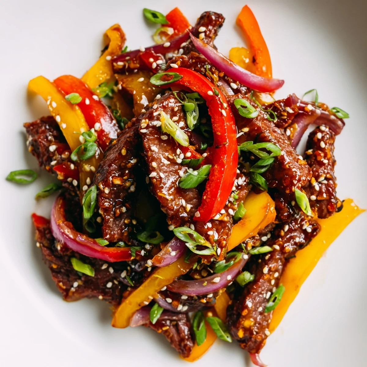 Spicy Beef and Pepper Stir Fry mit saftigem Rindfleisch und bunten Paprikastreifen auf Tellern, garniert mit Frühlingszwiebeln und Sesam, serviert mit Reis.