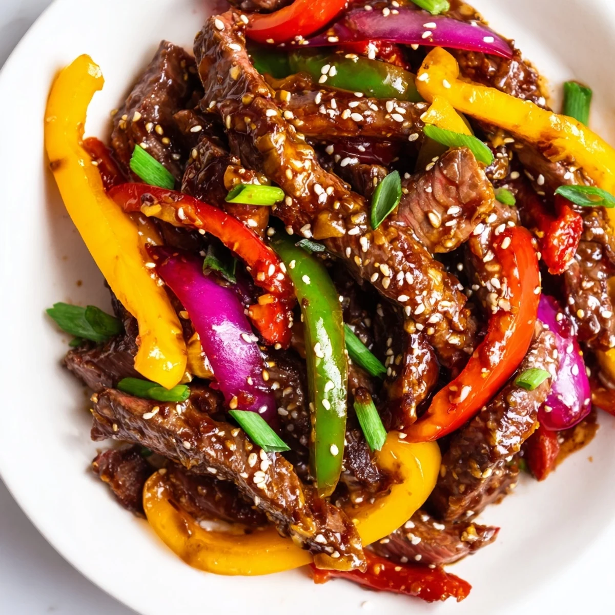 Ein Teller voller Spicy Beef and Pepper Stir Fry mit glasiger, scharfer Sauce, knusprigen Paprikastreifen und zartem Rindfleisch, perfekt für ein schnelles Abendessen.