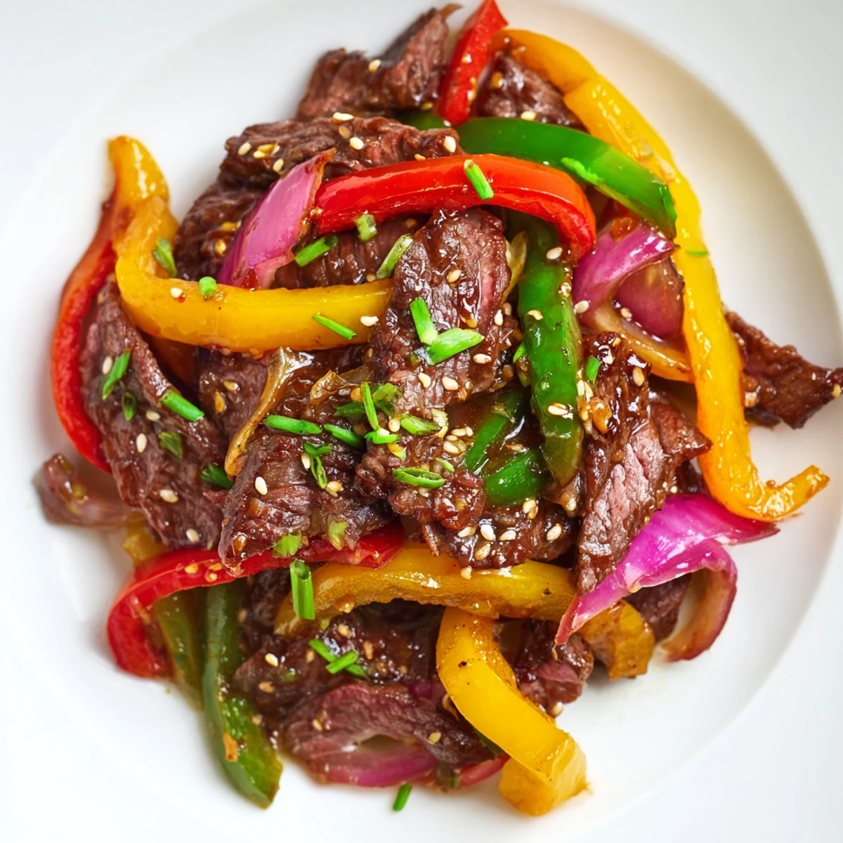 Dampfendes Spicy Beef and Pepper Stir Fry aus der heißen Pfanne, zartes Rindfleisch mit bunten Paprikastreifen und würziger Sauce, serviert mit dampfendem Reis.