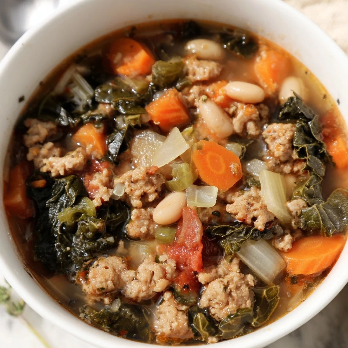 Close-up view of a ladle serving Turkey Sausage and Kale Soup, revealing tender white beans and diced carrots in the savory broth.