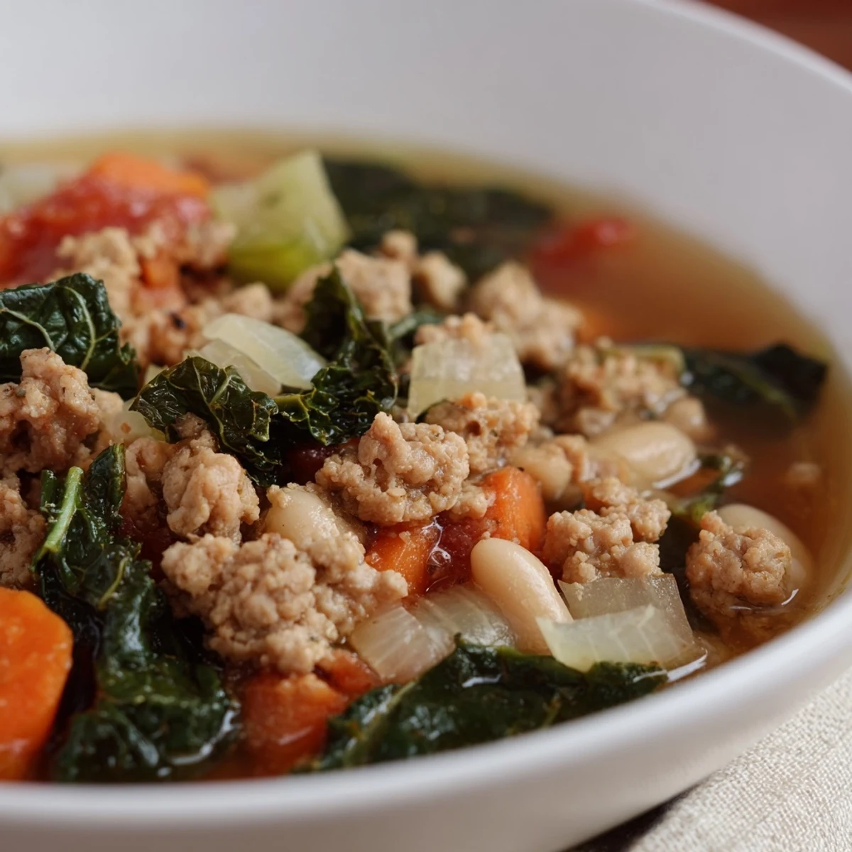 A comforting pot of Turkey Sausage and Kale Soup with fresh kale garnish, ready to serve alongside crusty artisan bread.