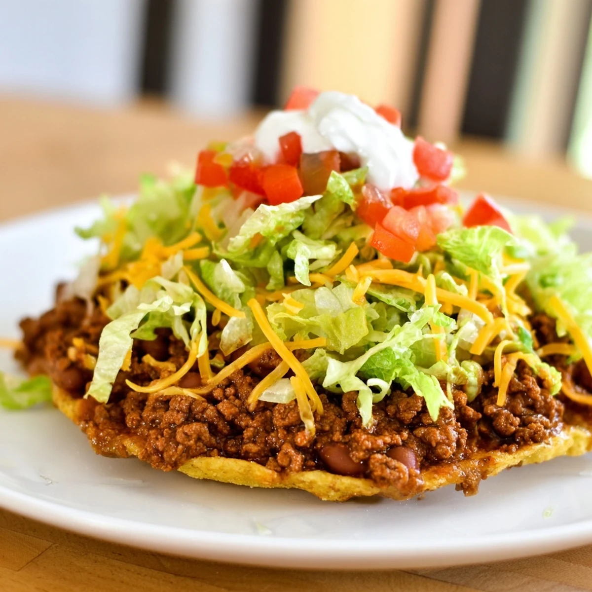 Hearty Beef Tostadas with Refried Beans arranged with diced tomatoes, jalapeños, and a squeeze of lime on a rustic plate.