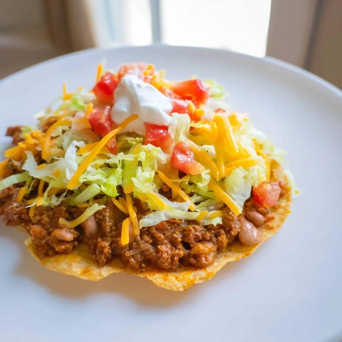Crispy golden tostada shells layered with warm refried beans and savory beef, topped with fresh lettuce and cheese.