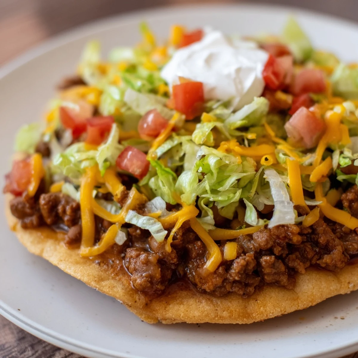 Freshly assembled Beef Tostadas with Refried Beans served with sour cream and cilantro for a vibrant Mexican-inspired meal.