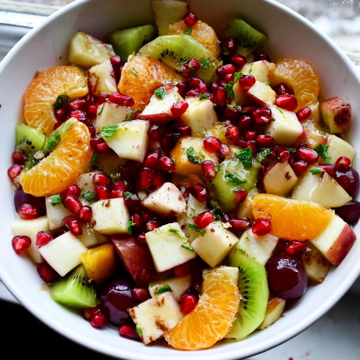 Bowl of Winter Fruit Salad with Honey Lime Dressing and fresh mint, pomegranate seeds and crisp apple slices on a marble counter.