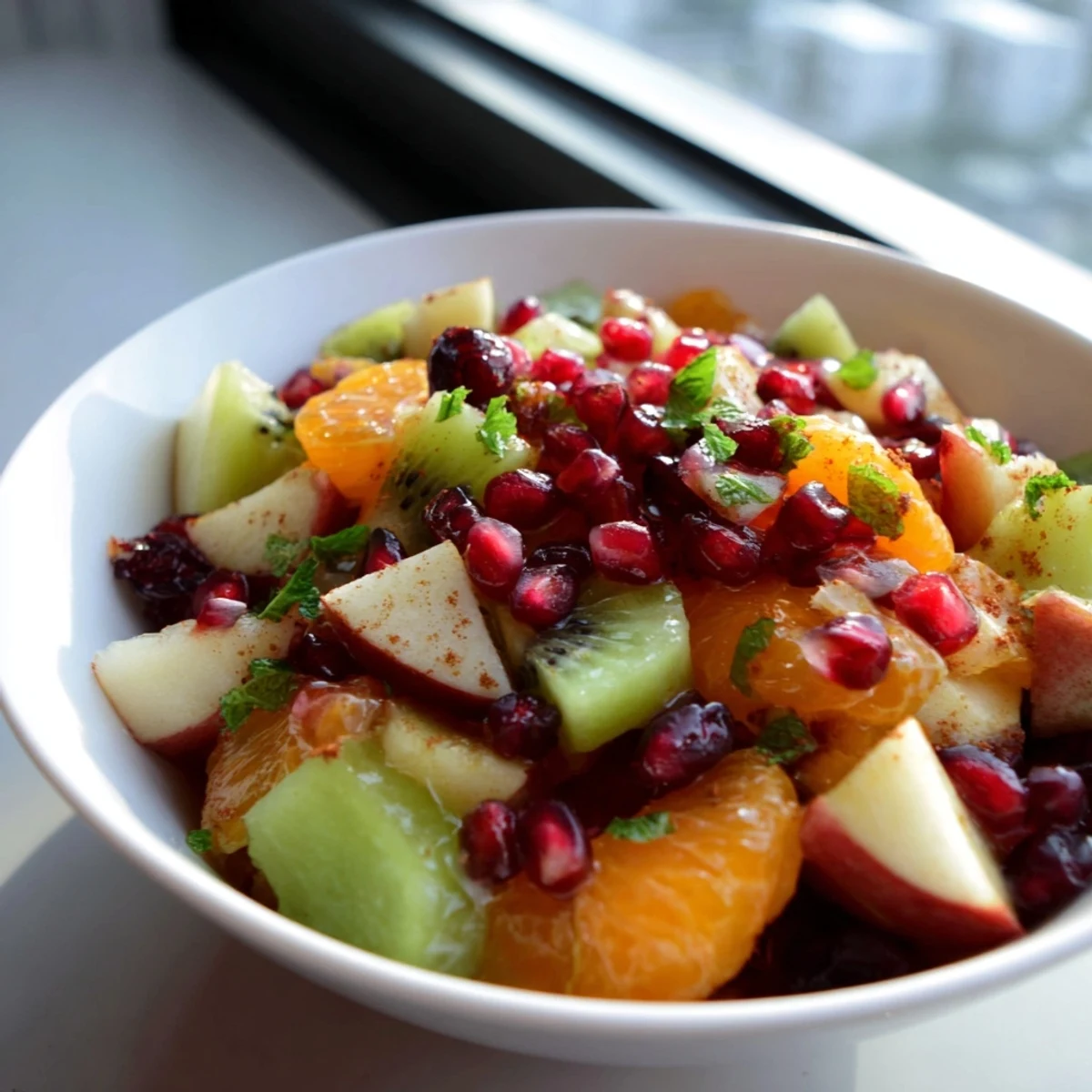 Colorful Winter Fruit Salad with Honey Lime Dressing in a rustic bowl, served with Greek yogurt and a sprinkle of cinnamon for breakfast.