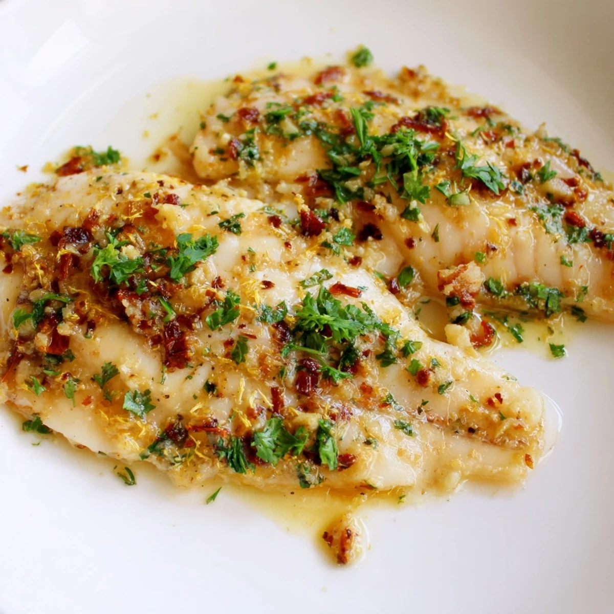 Gebakte Tilapia mit Zitronen-Knoblauch-Butter auf einem Teller mit Reis und grünem Gemüse.